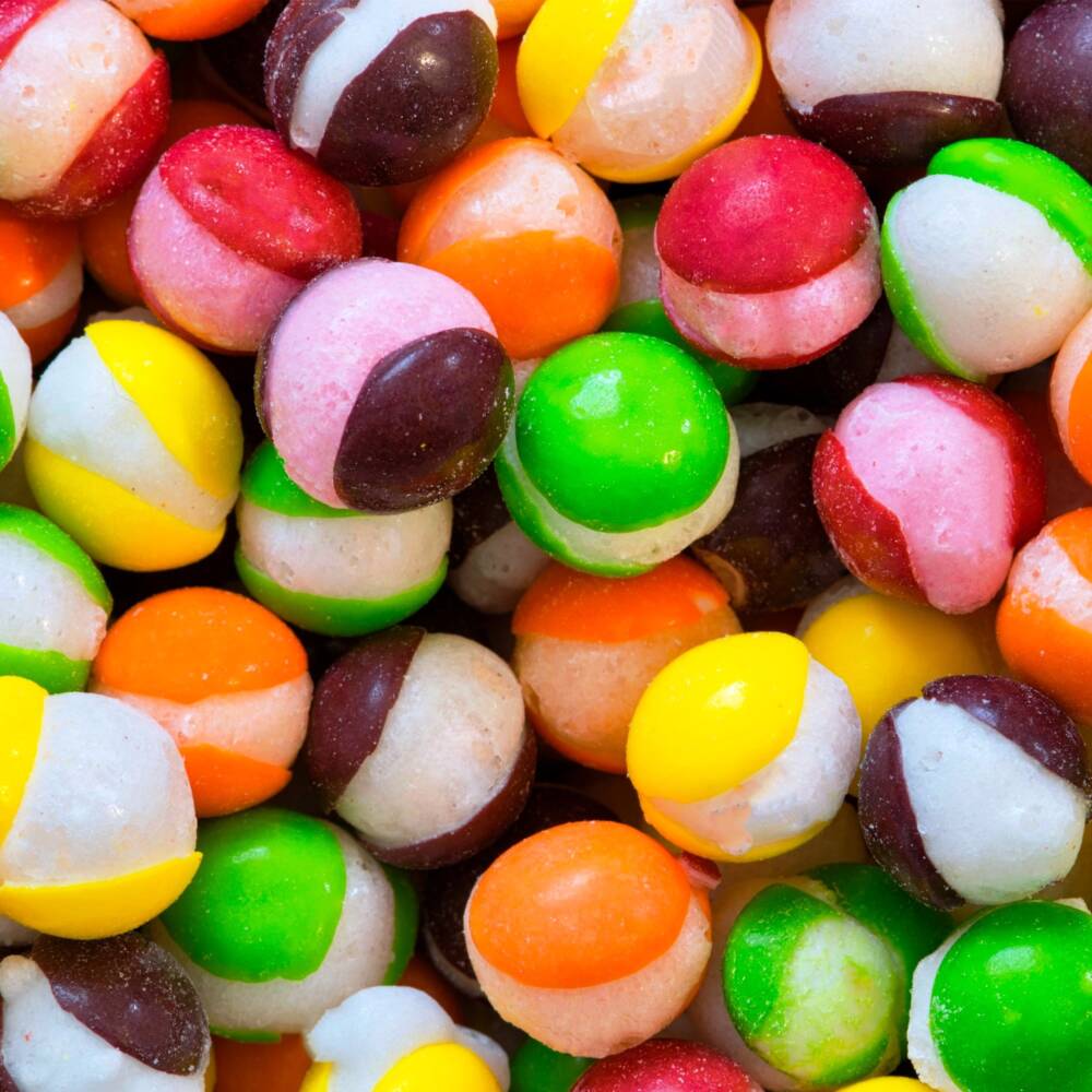 Close-up of puffed freeze-dried rainbow candy pieces