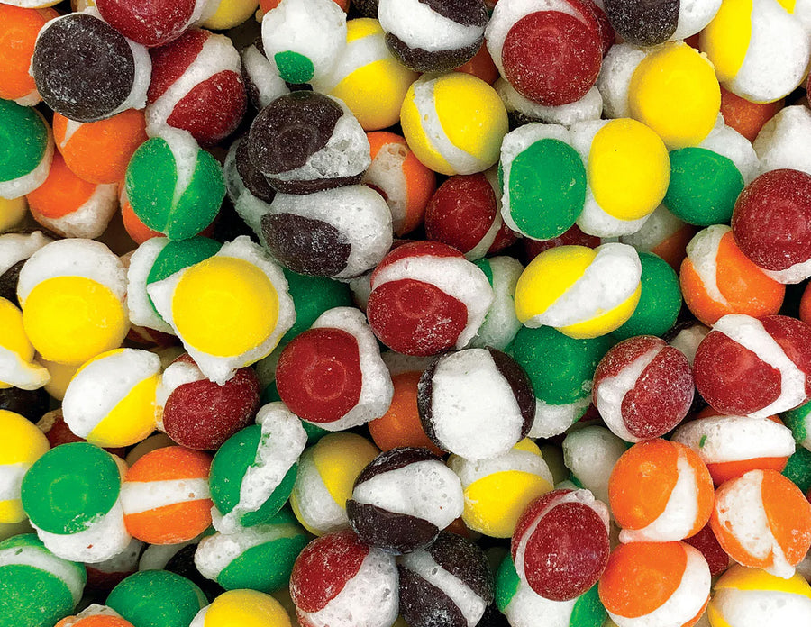 Extreme close-up showing cracked shells on puffed candy pieces
